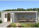 Gartenhaus LASITA MAJA "St. Louis", grau (lichtgrau), ohne Fußboden, Rückwand, ohne Dacheindeckung, Massivholz, Gartenhäuser, Gartenhaus, Blockbohlenhaus 28mm, mit Anbau