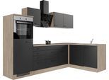Küche FLEX-WELL "Capri", schwarz (küche: schwarz, front: schwarz, korpus: endgrain oak, arbeitsplatte: endgrain oak), B:280,17cm H:200cm T:60cm, Komplettküchen-Sets, Küche, mit und ohne E-Geräten erhältlich, Gesamtbreite 280x170 cm