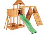Spielturm FUNGOO "FLUPPI", braun (grün), Spieltürme, KinderB:384cm H:262cm T:408cm, FSC-zertifizierter Massivholz, Metall, Polyethylen, mit Rutsche, Schaukel und Klettergerüst und Picknicktisch, B:384cm H:262cm T:408cm