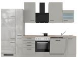 Küche FLEX-WELL "Lund", grau (küche: grau, front: lichtgrau glänzend, korpus: rauchgrau, arbeitsplatte: cosmopolitan eiche), B:310cm H:234cm T:60cm, Komplettküchen-Sets, Küche, wahlweise mit E-Geräten, Gesamtbreite 310 cm