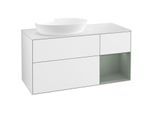 Villeroy und Boch Finion Waschtischunterschrank FA51GMGF 120cm, Abdeckplatte white matt, Regale Olive matt lacquer, Glossy white lacquer