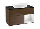 Villeroy und Boch Finion Waschtischunterschrank FA22MTGN 100cm, Abdeckplatte black matt, Regale White matt lacquer, Walnut veneer
