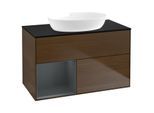 Villeroy und Boch Finion Waschtischunterschrank GA12HGGN 100cm, Abdeckplatte black matt, Emotion, Regale Midnight matt lacquer, Walnut veneer