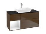 Villeroy und Boch Finion Waschtischunterschrank G822GFGN 120cm, Abdeckplatte black matt, Emotion, Regale Glossy white lacquer, Walnut veneer