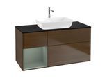 Villeroy und Boch Finion Waschtischunterschrank G822GMGN 120cm, Abdeckplatte black matt, Emotion, Regale Olive matt lacquer, Walnut veneer
