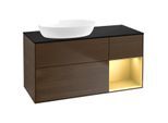 Villeroy und Boch Finion Waschtischunterschrank FA52HFGN 120cm, Abdeckplatte black matt, Regale Gold matt lacquer, Walnut veneer