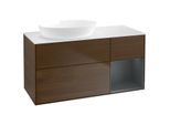 Villeroy und Boch Finion Waschtischunterschrank FA51HGGN 120cm, Abdeckplatte white matt, Regale Midnight matt lacquer, Walnut veneer