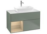 Villeroy und Boch Finion Waschtischunterschrank F771PCGM 100cm, Abdeckplatte white matt, Regale Oak Veneer, Olive Matt Lacquer