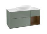 Villeroy und Boch Finion Waschtischunterschrank FA71GNGM 120cm, Abdeckplatte white matt, Regale Walnut Veneer, Olive Matt Lacquer