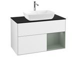 Villeroy und Boch Finion Waschtischunterschrank F782GMGF 100cm, Abdeckplatte black matt, Regale Olive matt lacquer, Glossy white lacquer