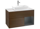 Villeroy und Boch Finion Waschtischunterschrank F781HGGN 100cm, Abdeckplatte white matt, Regale Midnight matt lacquer, Walnut veneer