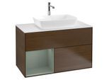 Villeroy und Boch Finion Waschtischunterschrank G771GMGN 100cm, Abdeckplatte white matt, Emotion, Regale Olive matt lacquer, Walnut veneer