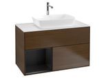 Villeroy und Boch Finion Waschtischunterschrank G771PDGN 100cm, Abdeckplatte white matt, Emotion, Regale Black matt lacquer, Walnut veneer