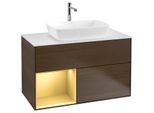 Villeroy und Boch Finion Waschtischunterschrank F771HFGN 100cm, Abdeckplatte white matt, Regale Gold matt lacquer, Walnut veneer