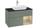 Villeroy und Boch Finion Waschtischunterschrank F782PCGM 100cm, Abdeckplatte black matt, Regale Oak Veneer, Olive Matt Lacquer