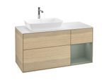 Villeroy und Boch Finion Waschtischunterschrank F811GMPC 120cm, Abdeckplatte white matt, Regale Olive matt lacquer, Oak Veneer