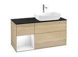 Villeroy und Boch Finion Waschtischunterschrank F802GFPC 120cm, Abdeckplatte black matt, Regale Glossy white lacquer, Oak Veneer