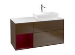 Villeroy und Boch Finion Waschtischunterschrank F801HBGN 120cm, Abdeckplatte white matt, Regale Peony matt lacquer, Walnut veneer