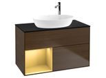 Villeroy und Boch Finion Waschtischunterschrank F892HFGN 100cm, Abdeckplatte black matt, Regale Gold matt lacquer, Walnut veneer