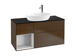 Villeroy und Boch Finion Waschtischunterschrank G942GFGN 120cm, Abdeckplatte black matt, Emotion, Regale Glossy white lacquer, Walnut veneer