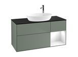 Villeroy und Boch Finion Waschtischunterschrank F952GFGM 120cm, Abdeckplatte black matt, Regale Glossy white lacquer, Olive Matt Lacquer
