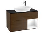 Villeroy und Boch Finion Waschtischunterschrank F902GFGN 100cm, Abdeckplatte black matt, Regale Glossy white lacquer, Walnut veneer