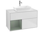 Villeroy und Boch Finion Waschtischunterschrank F771GMMT 100cm, Abdeckplatte white matt, Regale Olive matt lacquer, White matt lacquer