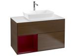 Villeroy und Boch Finion Waschtischunterschrank F771HBGN 100cm, Abdeckplatte white matt, Regale Peony matt lacquer, Walnut veneer