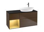 Villeroy und Boch Finion Waschtischunterschrank F922HFGN 120cm, Abdeckplatte black matt, Regale Gold matt lacquer, Walnut veneer