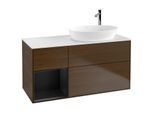 Villeroy und Boch Finion Waschtischunterschrank F921PDGN 120cm, Abdeckplatte white matt, Regale Black matt lacquer, Walnut veneer