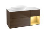 Villeroy und Boch Finion Waschtischunterschrank FA51HFGN 120cm, Abdeckplatte white matt, Regale Gold matt lacquer, Walnut veneer