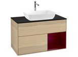 Villeroy und Boch Finion Waschtischunterschrank F782HBPC 100cm, Abdeckplatte black matt, Regale Peony matt lacquer, Oak Veneer