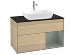 Villeroy und Boch Finion Waschtischunterschrank F782GMPC 100cm, Abdeckplatte black matt, Regale Olive matt lacquer, Oak Veneer