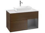 Villeroy und Boch Finion Waschtischunterschrank F781GKGN 100cm, Abdeckplatte white matt, Regale Anthracite matt lacquer, Walnut veneer
