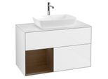 Villeroy und Boch Finion Waschtischunterschrank G771GNGF 100cm, Abdeckplatte white matt, Emotion, Regale Walnut Veneer, Glossy white lacquer
