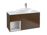 Villeroy und Boch Finion Waschtischunterschrank F941GFGN 120cm, Abdeckplatte white matt, Regale Glossy white lacquer, Walnut veneer