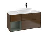 Villeroy und Boch Finion Waschtischunterschrank F941GMGN 120cm, Abdeckplatte white matt, Regale Olive matt lacquer, Walnut veneer