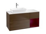 Villeroy und Boch Finion Waschtischunterschrank F811HBGN 120cm, Abdeckplatte white matt, Regale Peony matt lacquer, Walnut veneer