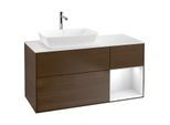 Villeroy und Boch Finion Waschtischunterschrank F811GFGN 120cm, Abdeckplatte white matt, Regale Glossy white lacquer, Walnut veneer