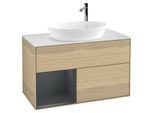 Villeroy und Boch Finion Waschtischunterschrank F891HGPC 100cm, Abdeckplatte white matt, Regale Midnight matt lacquer, Oak Veneer