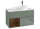 Villeroy und Boch Finion Waschtischunterschrank G891GNGM 100cm, Abdeckplatte white matt, Emotion, Regale Walnut Veneer, Olive Matt Lacquer