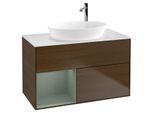 Villeroy und Boch Finion Waschtischunterschrank G891GMGN 100cm, Abdeckplatte white matt, Emotion, Regale Olive matt lacquer, Walnut veneer