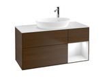 Villeroy und Boch Finion Waschtischunterschrank G951GFGN 120cm, Abdeckplatte white matt, Emotion, Regale Glossy white lacquer, Walnut veneer