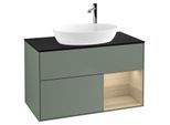 Villeroy und Boch Finion Waschtischunterschrank F902PCGM 100cm, Abdeckplatte black matt, Regale Oak Veneer, Olive Matt Lacquer