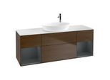 Villeroy und Boch Finion Waschtischunterschrank F981HGGN 160cm, Abdeckplatte white matt, Regale Midnight matt lacquer, Walnut veneer