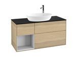 Villeroy und Boch Finion Waschtischunterschrank F942MTPC 120cm, Abdeckplatte black matt, Regale White matt lacquer, Oak Veneer