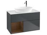 Villeroy und Boch Finion Waschtischunterschrank F891GNHG 100cm, Abdeckplatte white matt, Regale Walnut Veneer, Midnight Blue Matt Lacquer