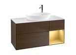 Villeroy und Boch Finion Waschtischunterschrank F951HFGN 120cm, Abdeckplatte white matt, Regale Gold matt lacquer, Walnut veneer