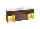 Villeroy und Boch Finion Waschtischunterschrank FD01HFGN 120cm, Abdeckplatte white matt, Regale Gold matt lacquer, Walnut veneer