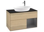 Villeroy und Boch Finion Waschtischunterschrank F902GKPC 100cm, Abdeckplatte black matt, Regale Anthracite matt lacquer, Oak Veneer